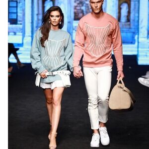 Walter Mendez Walter Collection Pink Sweatshirt Corset Motif Lace-Up Back NWT